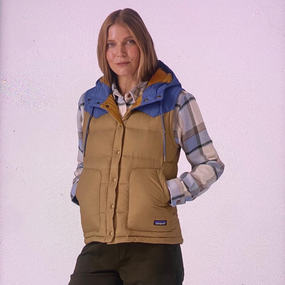 Patagonia Bivy Navy and Tan Hooded Puffer Down Vest - Picture 10 of 12